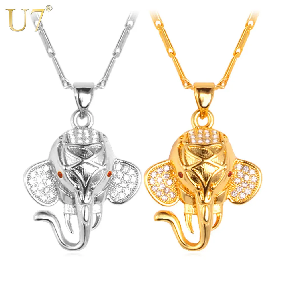 

U7 Indian Elephant Pendant Gold/Silver Color Cubic Zirconia Trendy Lovely Animal Necklace Women/Men Jewelry P471