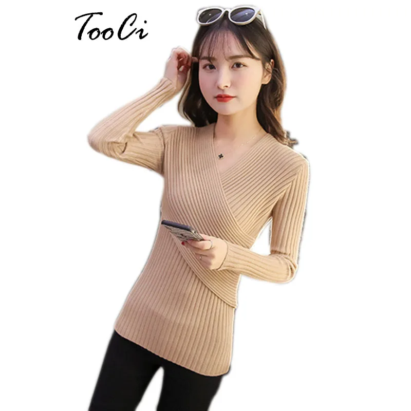 

Spring Summer Solid Sweater And Pullover Women Pullover Soft Elastic Female Khaki V-Collar Pullover Long Sleeved Knit Sweater