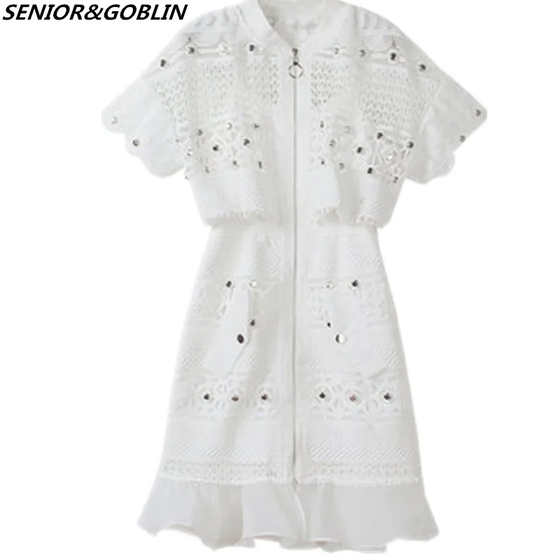 

Summer Dress 2019 New Women's Wear Korean Version Fashionable Hollowed-Out Mesh Ruffles Super Popular White Lace Dress