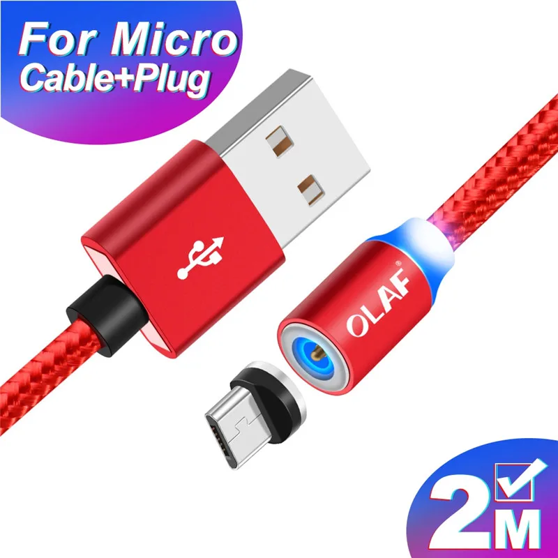 Магнитный Micro USB кабель OLAF 2A Зарядка 1 м 2 м светодиодный магнитный кабель для зарядки и передачи данных для Xiaomi 4X huawei P8 Lite samsung A5 J5 J7 - Цвет: 2M Red Micro Cable