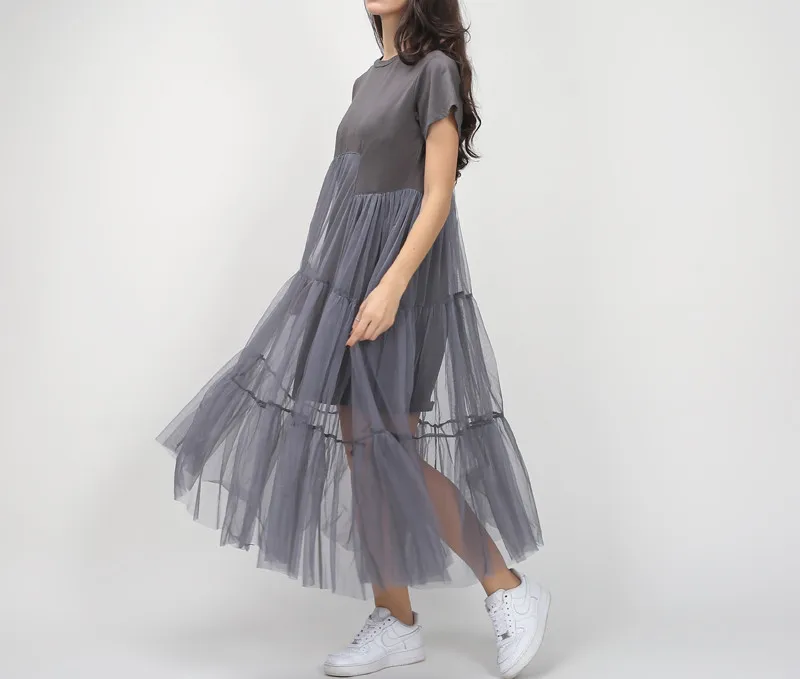 [CHICEVER] Лето корейский размера плюс сплайсинга плиссированные сетки футболка платье для женщин черный серый цвет одежда новая мода