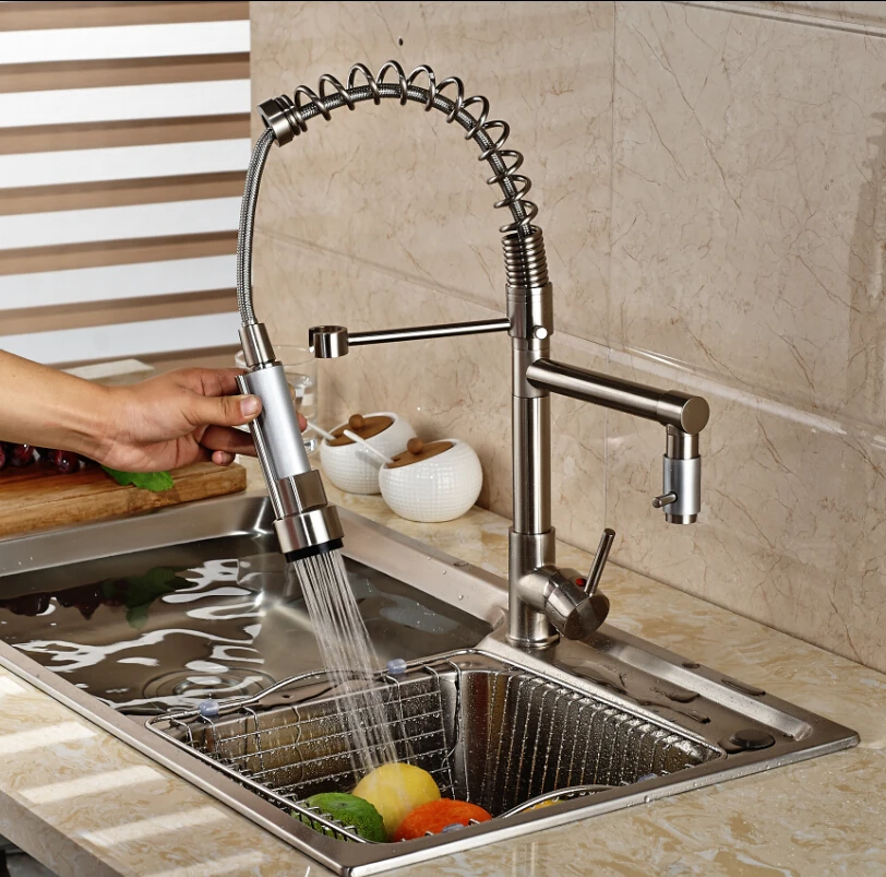

Nickel Brushed Pre-rise Pull Down Dual Spout Kitchen Vessel Sink Faucet Mixer Tap Hot and Cold Water Tap Deck Mounted