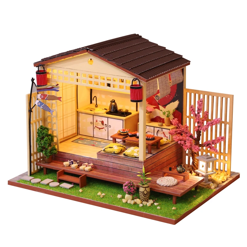 erhumama DIY casa de muñecas en miniatura de estilo japonés muebles led gran casa de muñecas de madera de cerezo villa flor rompecabezas juguete regalo de cumpleaños de Navidad para niño niña niño