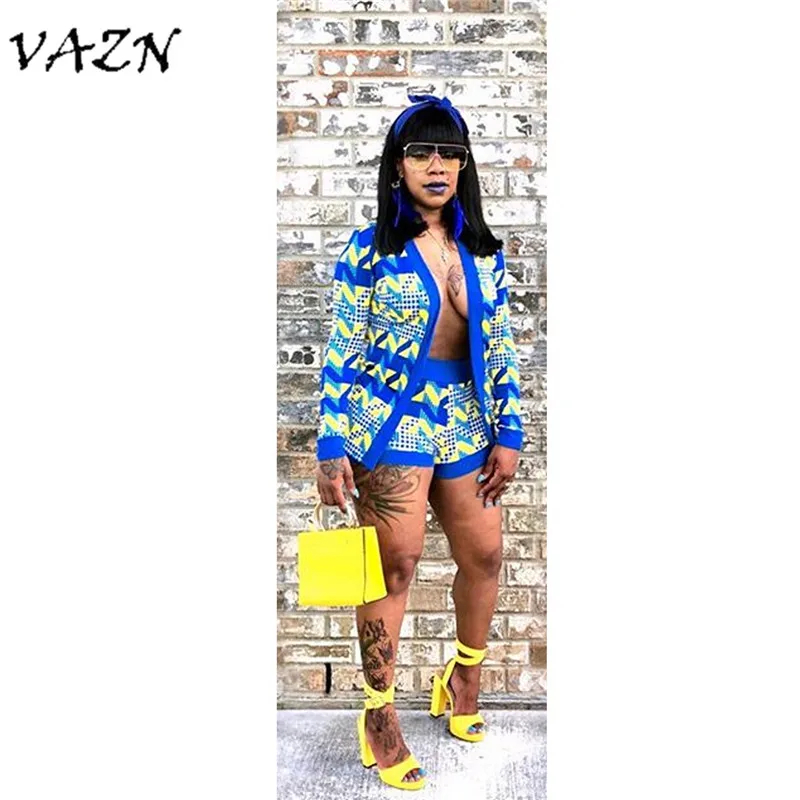 VAZN Лидер продаж экзотические Повседневное модные Стиль 2 шт. Для женщин комплект верхняя одежда с принтом Короткие штаны Bodycon набор ALS007