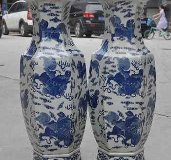 

china Blue&White porcelain Depict foo dog lion Zun Cup Bottle Pot Vase Jar pair