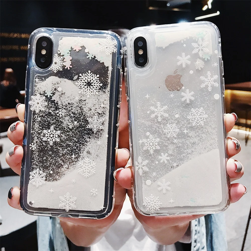 Белый Снежный Жидкий чехол для iPhone 7 8 Plus XS Max XR X милый Рождественский узор Прозрачный чехол для iPhone 6 6S Plus 10 TPU+ PC чехол