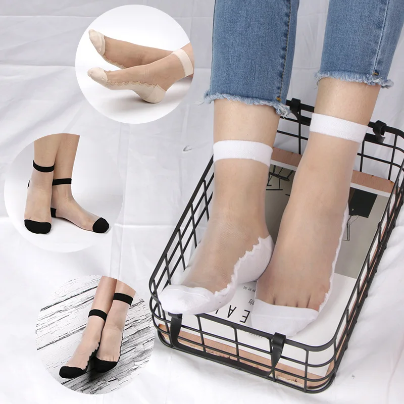 

Transparent Crystal Silk Women Elastic Striped Socks Spring Summer New Product Absorb Sweat Breathable Meias Sox