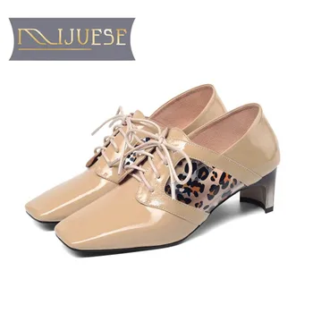 

MLJUESE 2019 women pumps autumn spring Patent leather mixed colors Rome style lace up square toe high heels lady shoes wedding