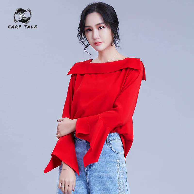 

New straight collar trumpet sleeve women's chiffon shirt personality solid color nine points sleeve irregular loose shirt women