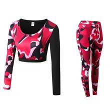 Комплекты для фитнеса и йоги, женский спортивный костюм, камуфляжный плотный свитшот, комплект спортивной одежды, рубашка+ штаны, одежда для спортзала и тренировок, комплект из двух предметов