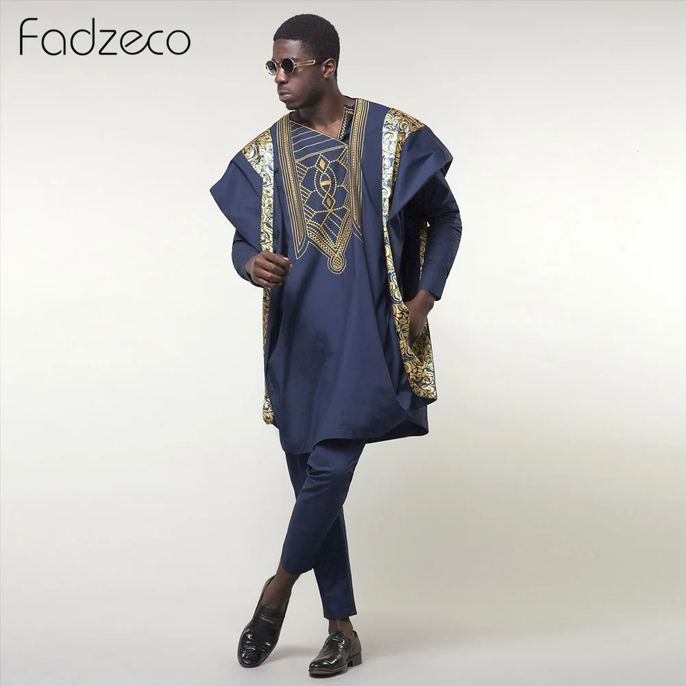 Fadzeco Agbada Мужская африканская одежда Дашики Национальный принт этнический Бизнес комплект из 3 предметов Темно-синие бубоу африканские