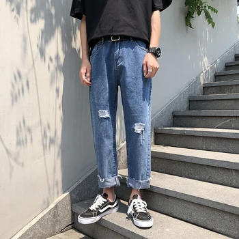 

Men's Baggy Homme Cargo Pocket Classic Jeans Full Length Casual Straight Pants Holes Tide Male Haren Pants Biker Denim Trousers