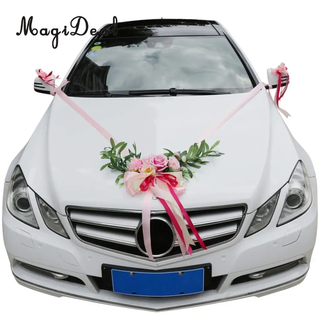 9pcs Wedding Car Decorations Kit  Artificial Silk Flower Ribbon and Bows Ties Set Limousine Car Roof Door Mirror Decor