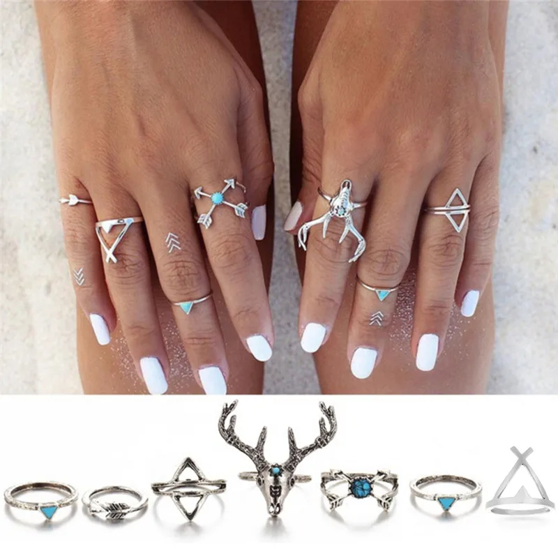 7 Pcs /lot Ring Set For Women Jewelry Shiny Punk Style  Stacking Midi Finger Knuckle Rings Lovely Animal