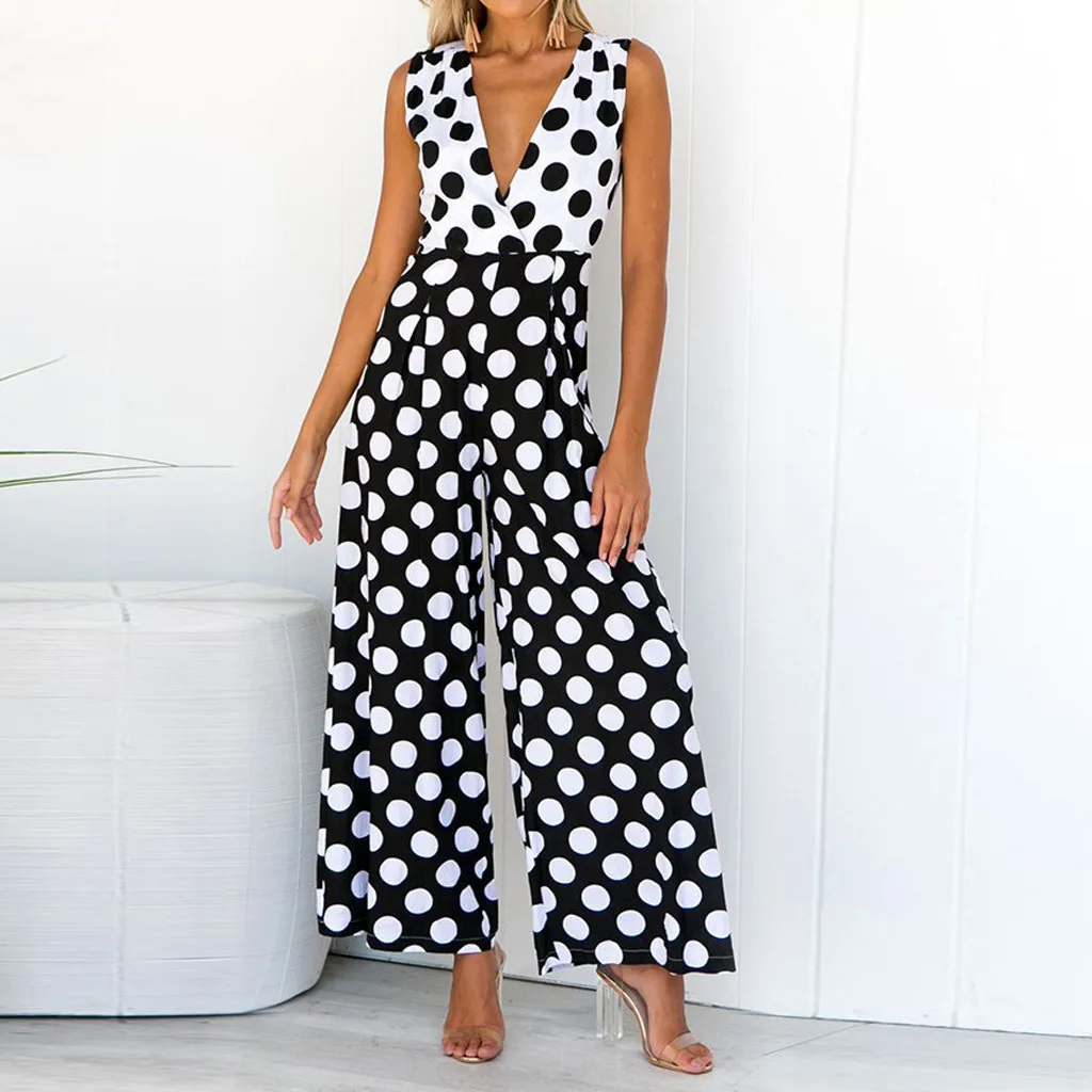 

overalls for women's V-Neck Casual Short Sleeveless Elastic Waist Dot Jumpsuit loose jumpsuit summer streetwear playsuit