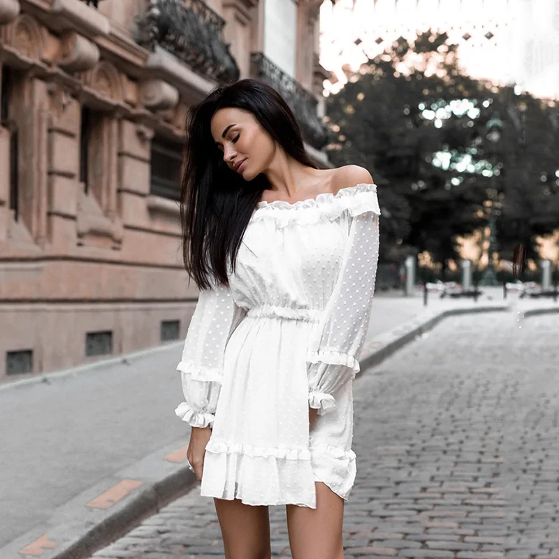 

2019 Sexy Dot Printed Dress Women summer Autumn Off Shoulder Ruffles Dresses Long Sleeve A-Line Women Dress robe femme ete