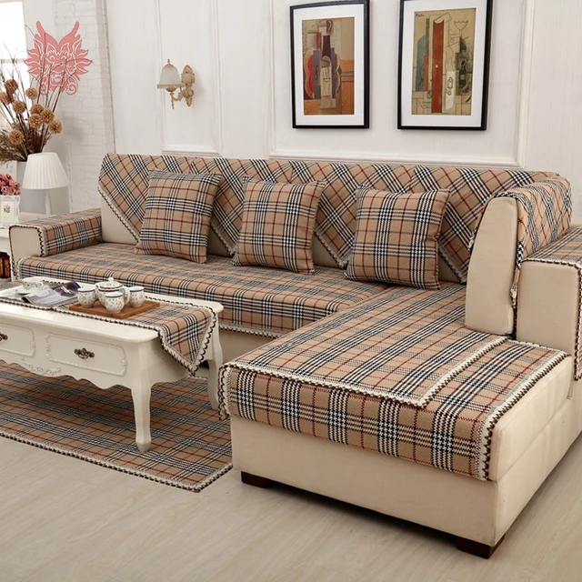 British Brown Plaid Sofa Cover Cotton Linen Lace Decor Sectional British Brown Plaid Sofa Cover Cotton Linen Lace Decor Sectional Slipcovers Canape Furniture Covers Fundas De Sp3618