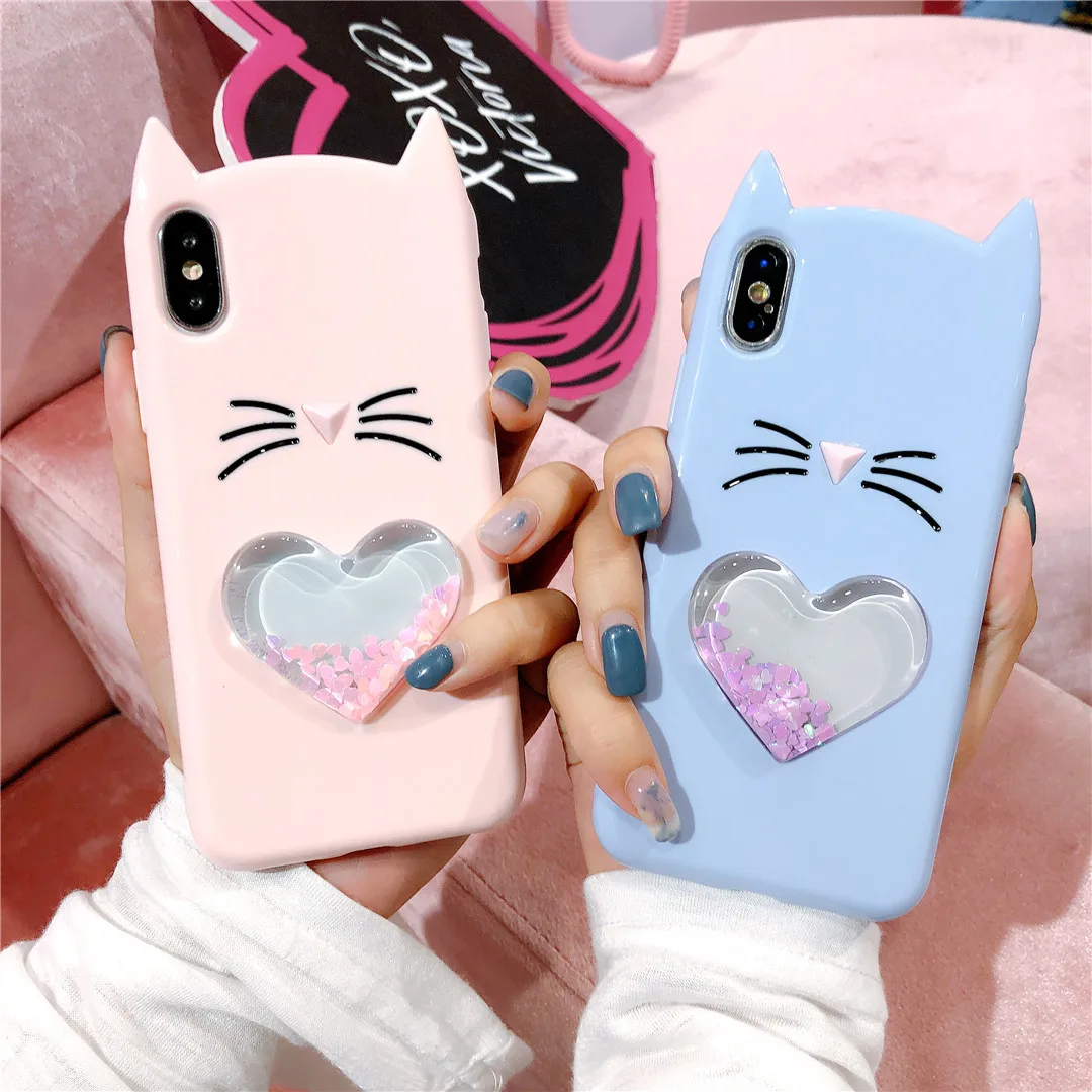 3D Кот Чехол для iphone X 8 7 6 6s плюс мягкий силиконовый чехол жидкость сердце Плывун
