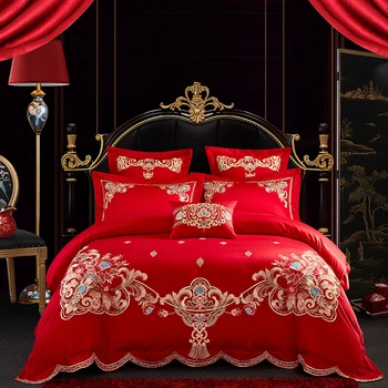 

Chinese Traditional Red Sheet Bedding sets Queen Embroidery Duvet Cover Set 4/7Pcs Queen King size Bed sheet Pillow shams