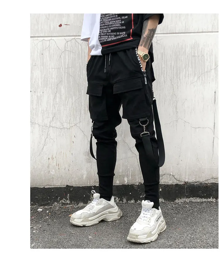 Streetwear Harajuku Pants Multi Pocket Slim Elasticity Harem Jogger Pants Ribbon Cargo Tootsies Singer Costume - Цвет: Черный