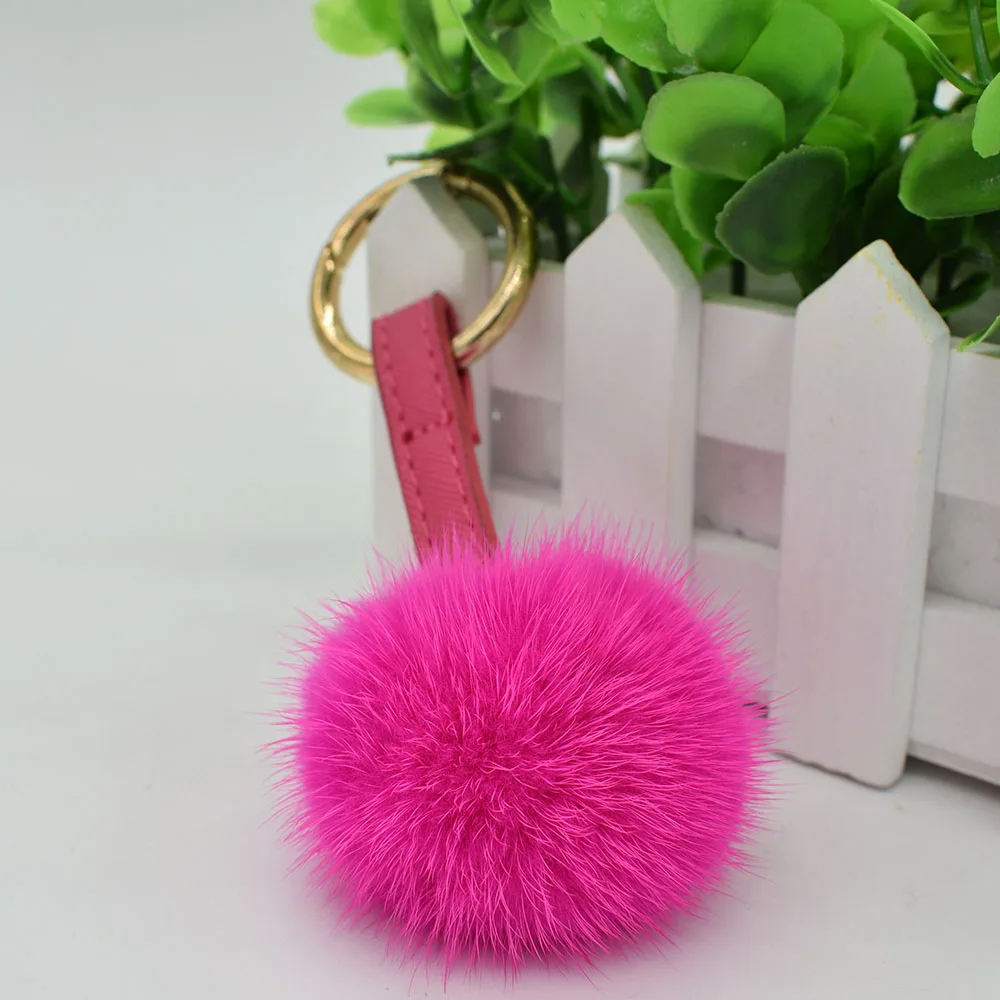 mink fur ball keychain hot pink