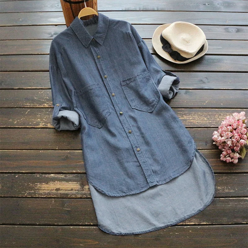 

Plus Size S-5XL Jean Women Blouses Autumn Solid Long Style Women Tops Turn-down Collar Long Sleeve Women Shirts Hot Sale Blouse