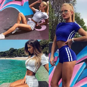 

Women 2PCS Summer Casual Tracksuit Ladies Jogging Gym Sports Striped Solid Workout Short Sleeve Crop Top and Shorts Set