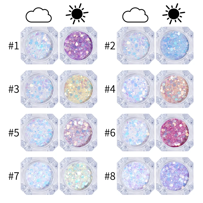 1 коробка 1 г солнцезащитный светильник, чувствительная пудра, блеск для ногтей, блестки, УФ-светильник, меняющий цвет, Микс шестиугольных хлопьев, маникюрный декор, пигмент для ногтей