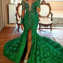Зеленое, с длинным рукавом Детское платье силуэта «русалка» вечерние платья с бисером камни Разделение официальная Вечеринка платья для выпускного вечера