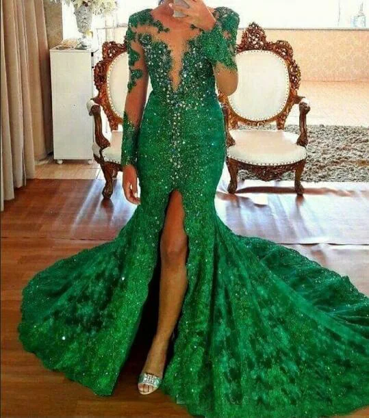 green evening gown with sleeves