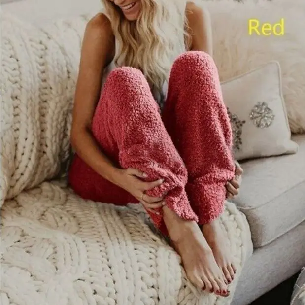 Женская Осенняя зимняя одежда для сна, мягкая плюшевая Пижама, сохраняющая тепло, флисовая Ночная одежда, однотонные длинные штаны, домашняя одежда, женские пижамы - Цвет: Красный