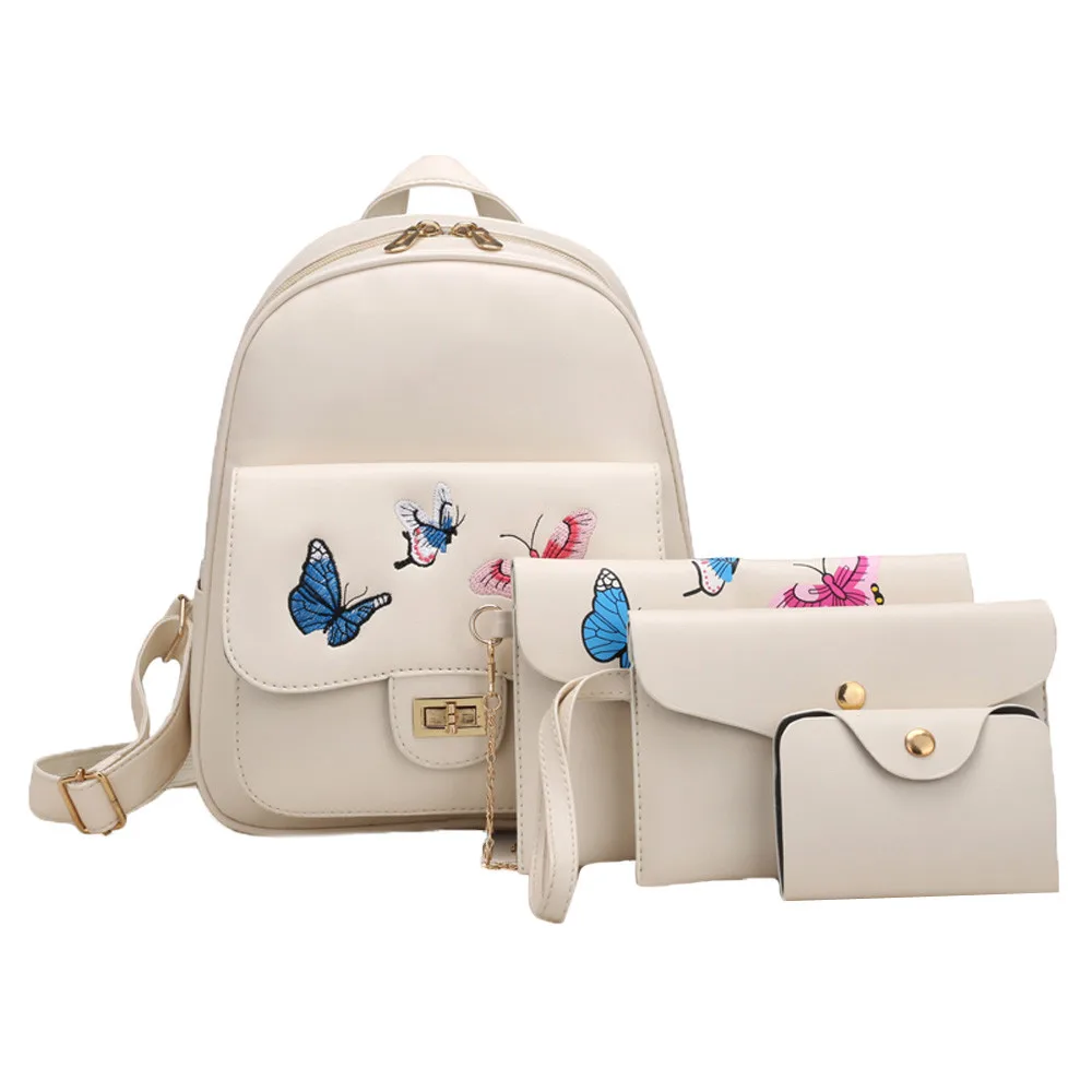

4 Sets Butterfly Embroidery Women Backpack Soft Leather School Bag For Teenager Students Girls Bookbags Mochilas #Zer