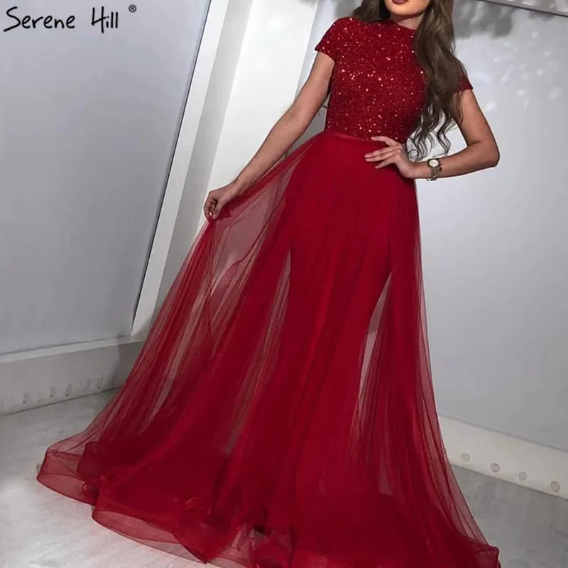 

Luxury Red Short Sleeve Evening Dresses 2019 New Design Dubai Robe De Soiree Party Gowns with Train Festa BLA60793