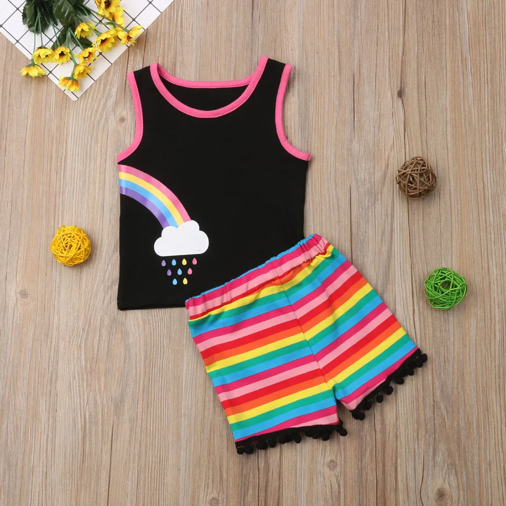 

Toddler Baby Girls Boys Clothes Set Infant Bebe Kids T Shirt Sleeveless Rianbow Tops Stripe Tassels Short Pants Clothing Outfits