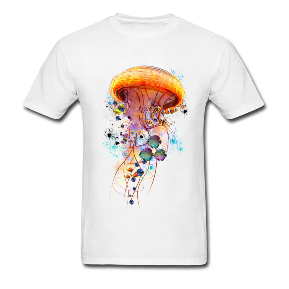 Electric Jellyfish World 100% Cotton Men Short Sleeve Tops Tees Europe Summer Fall Top T-shirts Discount Round Neck Tee-Shirt Electric Jellyfish World white