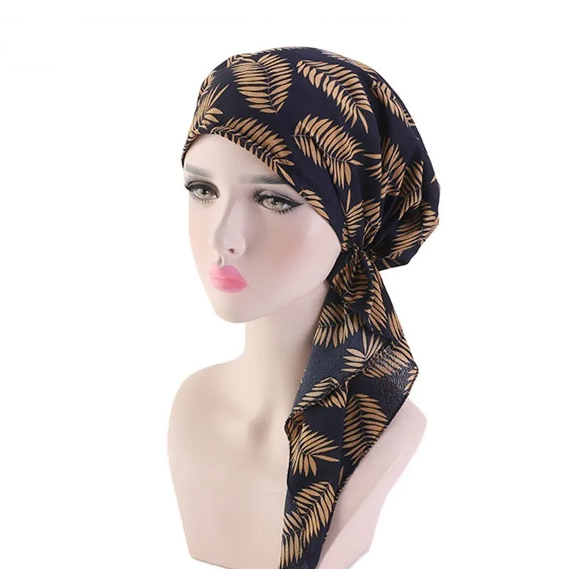 

Fashion Moslem Women Hijabs Solid Cotton Pleated Long Tail Hat Floral Print Turban For Lady Charming Turbano Chemotherapy Cap