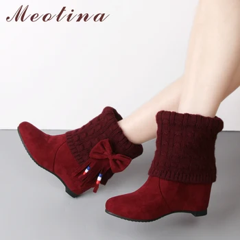 

Meotina Winter Shoes Women Mid Calf Boos Bow Wedge Heel Boots Fringe Warm Short Boots 2018 Female High Heels Footwear Red 33-43