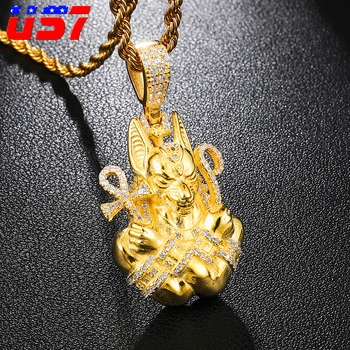

US7 Iced Out Egypt Ankh Cross Anubis Pendants Necklaces Crystal Zircon Egyptian Ankh Necklace Hip Hop Jewelry