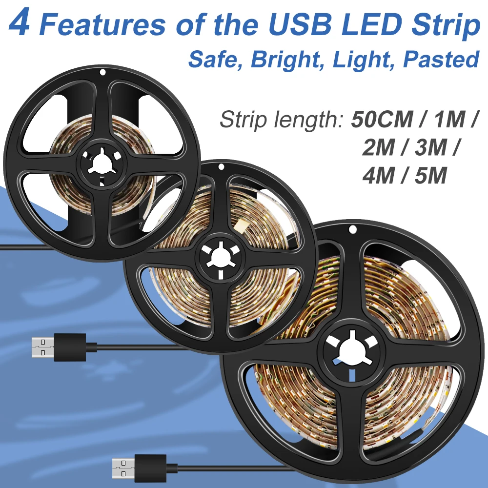 

5V USB Led Strip Light Lamp SMD 2835 Flexible Tape Fita Led Neon Ribbon 50CM 1M 2M 3M 4M 5M Under Cabinet TV Background Lighting