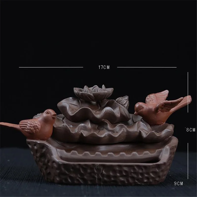 New Purple Clay Bird Lotus Waterfall Backflow Incense Burner Home Teahouse Tabletop Decor Incense Holder Censer+10pcs Free Cones