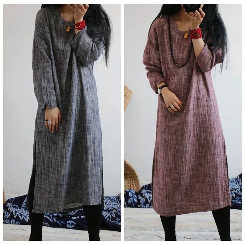 

SCUWLINEN 2019 Spring Autumn Women Dress Vintage O-neck Long-sleeve Dyed Linen Loose Basic Dress Casual Long Robe Vestidos W12
