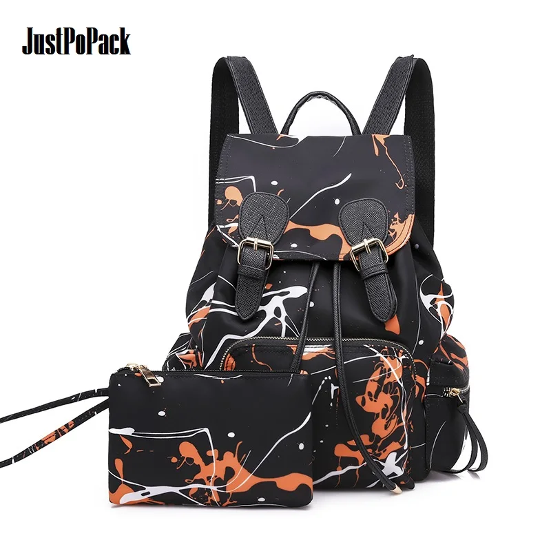

Women's Hiphop Doodling Backpack Set with Clutch Preppy style Waterproof Anti-theft Travel Knapsack Teens Sport Drawstring Black