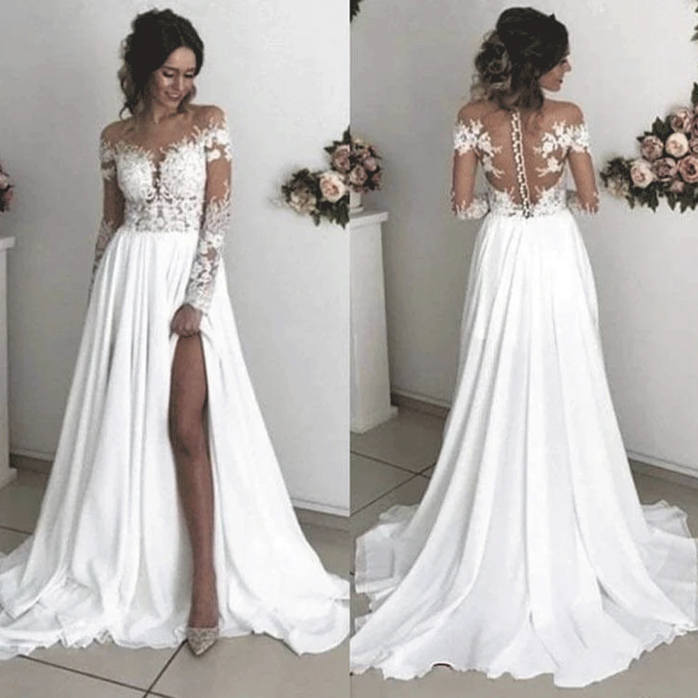 

SuperKimJo Chiffon Beach Wedding Dresses 2020 Lace Applique Long Sleeve Elegant Sexy Bridal Dress Robe De Mariee