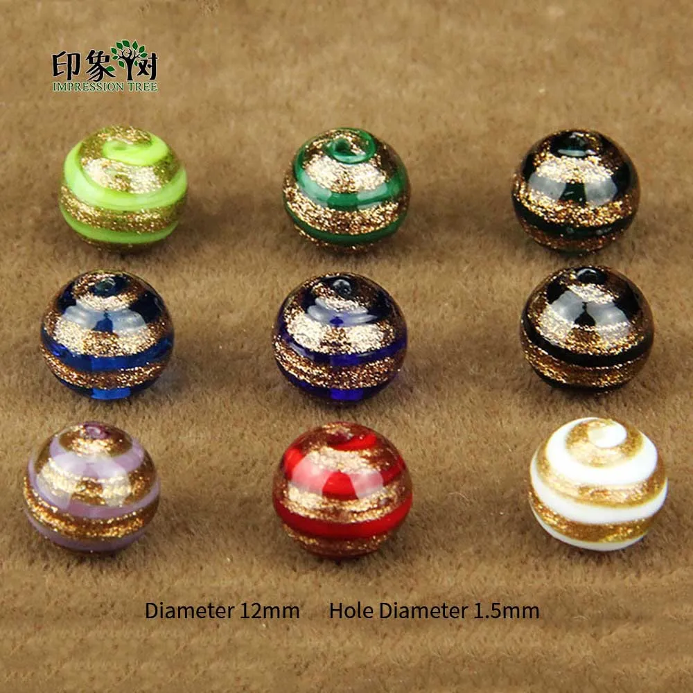 

10pcs 12mm Handmade Lampwork Gold Sand Wrap Loose Spacer Color Stripe Surface Glass Beads Multi Color For Jewelry Making 1637