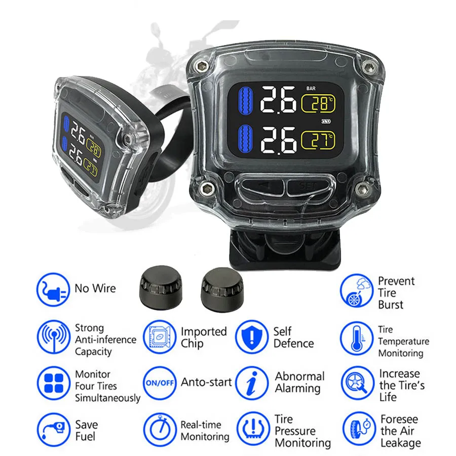 

Motorcycle TPMS Tire Pressure Monitor System 2-sensor Wireless LCD Display Moto Alarm System