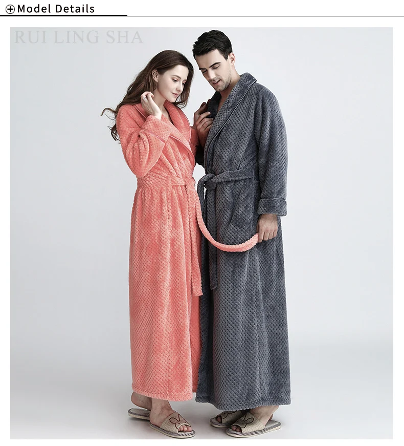 Men Winter Extra Long Knitted Waffle Flannel Coral Fleece Bathrobe Male Full Sleeve Kimono Bath Robe Women Warm Dressing Gown mens silk pajamas