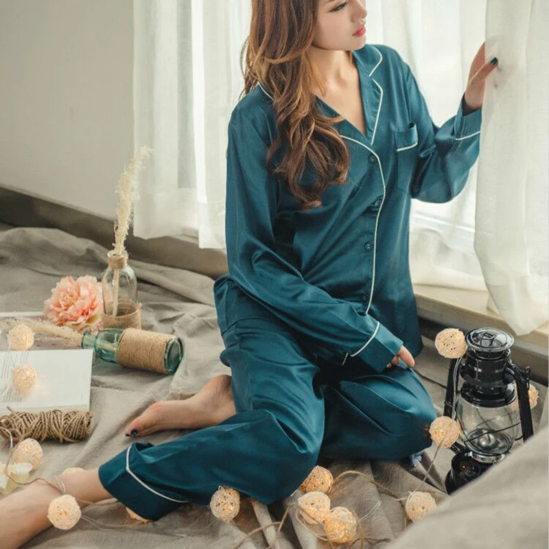 CFYH-Silk-Pajamas-Set-Long-Sleeve-Sleepwear-Homewear-two-piece-Night ...