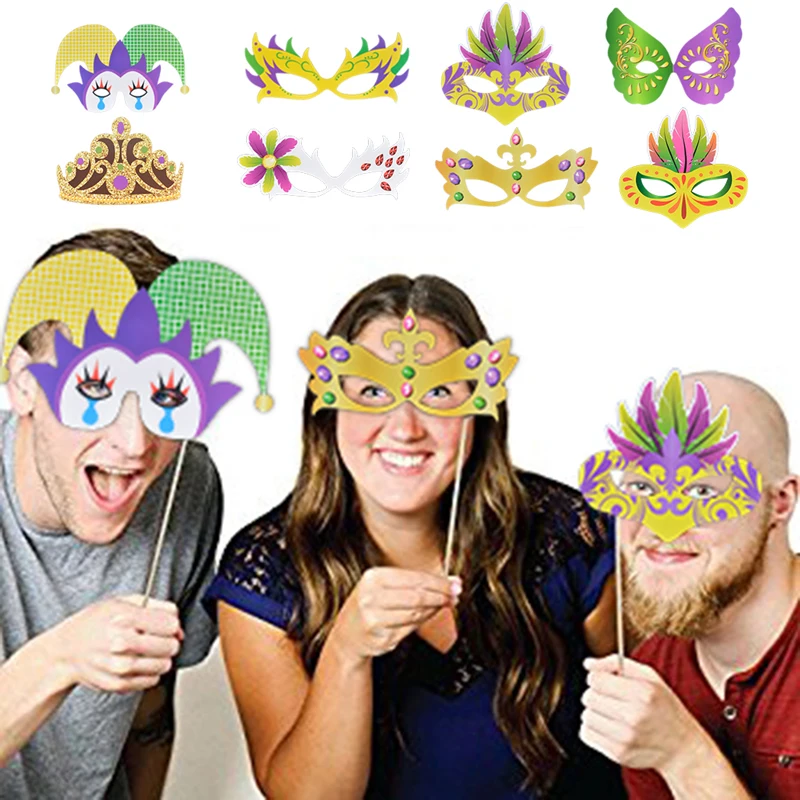

Photo Booth Props Funny Mask Crown Tie Beard Kit Queen Lips Party Photo Prop 24Pcs For Mardi Gras Birthday Wedding Decoration