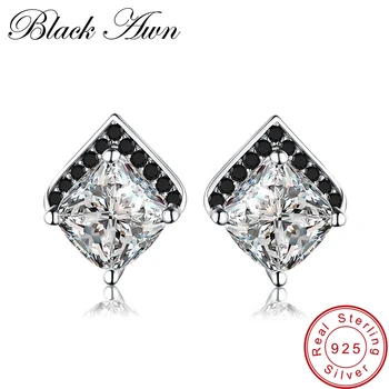 

[BLACK AWN] Cute 925 Sterling Silver Earrings Fine Jewelry Vintage Engagement Black Spinel Wedding Stud Earring for Women T181