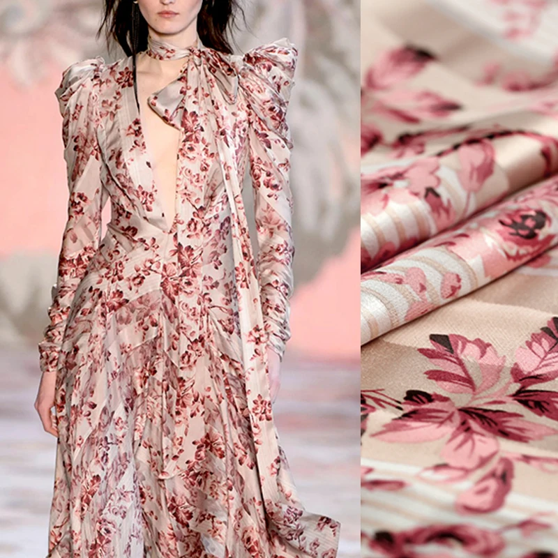 143 см ширина 190 г/м Вес розовый цветочный принт полиэстер шифоновая ткань для весны и лета платье рубашка куртка E994